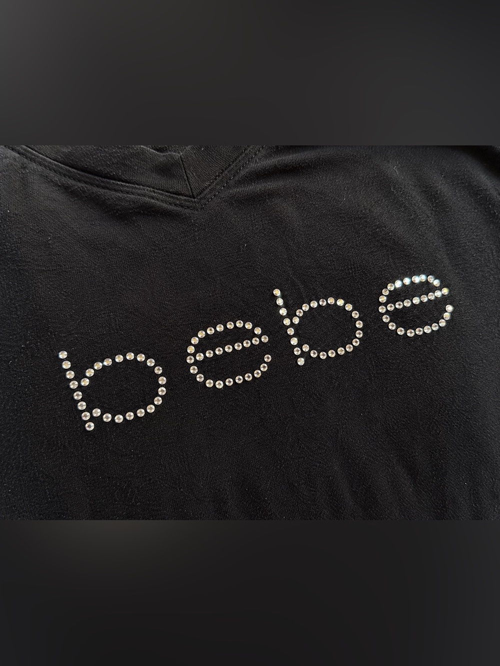 Bebe Y2K Rhinestone Logo Black V-Neck Top L Fits S/M